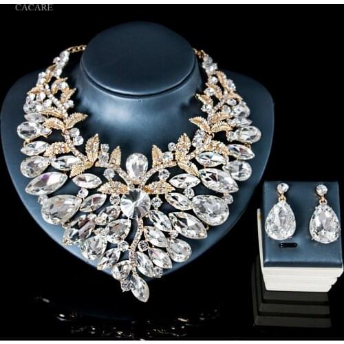 Vintage Jewelry Sets Women Big Necklace Earring Set Indian Dubai Gold Jewellery F1133 Rhinestone Party Jewels 6 Colors CACARE