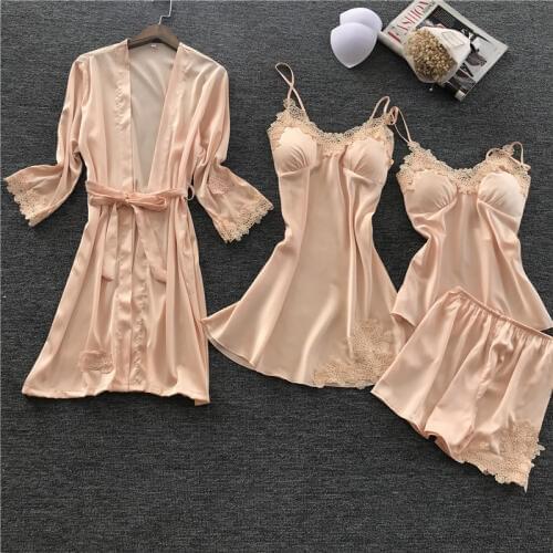 2020 Sexy 4 pieces Womens Robe & Gown Sets Lace Bathrobe + Night Dress 4 Four Pieces Sleepwear silk robe clothing home suit set