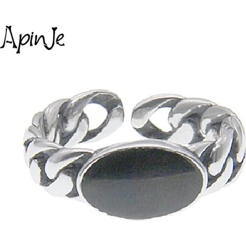 Apinje 925 Sterling Silver Open Ring for Women Oval Black Hip Hop Ring Fashion Jewelry