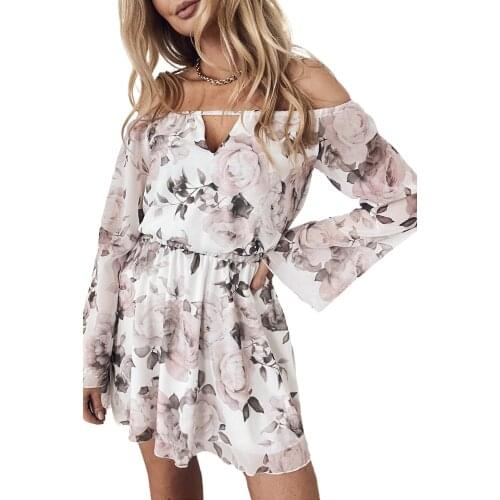 White Off Shoulder Bell Sleeve Floral Dress Women Sexy Slash Neck Elegant Beach Summer Dress