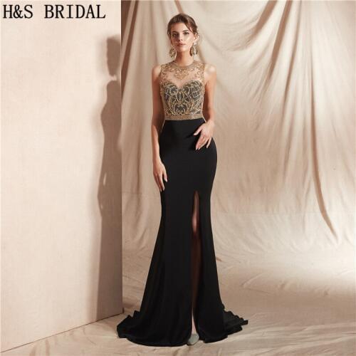 H&S BRIDAL Elegant Formal Dress Black Side Slit Sexy Evening Dresses Long Gold Beading Party Prom Gown vestido de festa longo