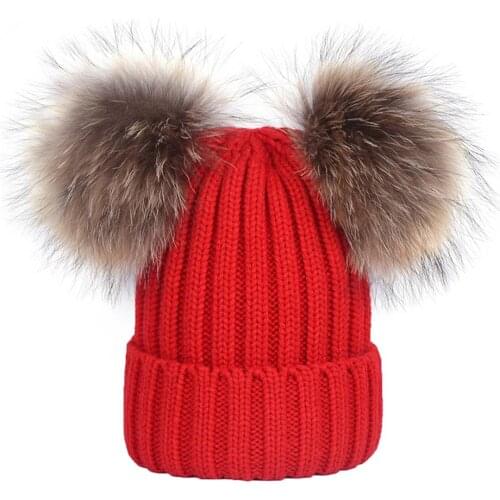 Adult Winter Brand Cap Kids' Double Real Fur Ball Pom Poms Hat For Lady Mickey Ear Hat Knitted Cap Hat Skullies Women Beanies