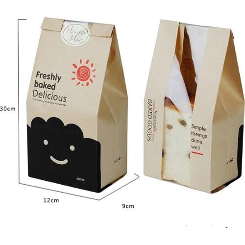100Pcs 30x12x9cm Bread Bag With Window Kraft Bag Paper Food Packaging To The School White Baking Toast Bakery Bread Bags Sticker