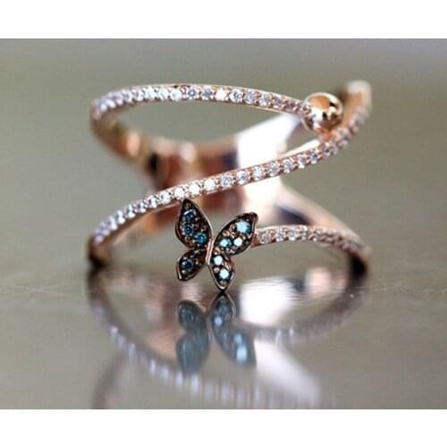 2021 Trendy Exquisite Elegance Luxury Gold Color Butterfly Zircon Multi-layer Ring For Women Fashion party Jewelry Gift