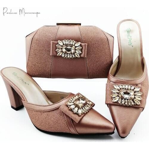 2021 New Nigerian Fashion Style Italian Design Champagne Color Party Wedding Women Shoes and Bag Set Decorated With Rhinestone