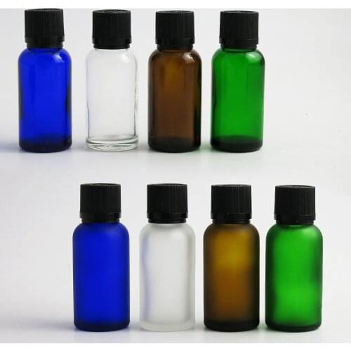 360pcs/lot Wholesale 30ml Green Clear Brown Amber Blue Essential Oil Glass Bottle with Black Plastic Cap Refillable Containers