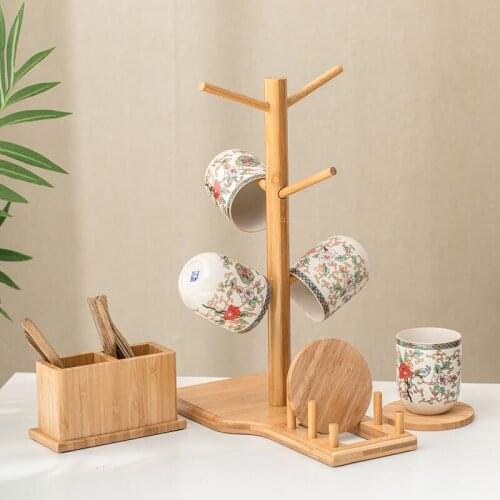 6 Hooks Cup Holder Tea Set Storage Set Wood Shelf Kitchen Storage Drain Rack Wine Glass Holder Coffee Mug Jewelry Rack for Home