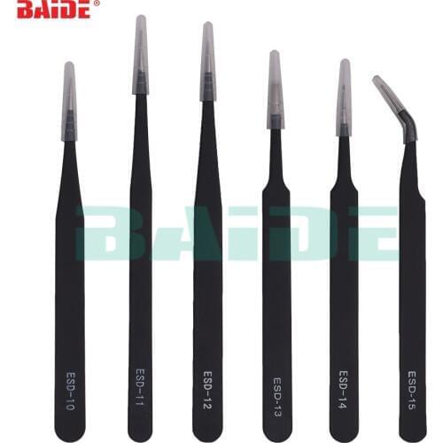 6Pcs Black ESD Tweezers Antistatic Stainless Steel Nipper with ESD 10 11 12 13 14 15 for Phone Precision Repair Tools Set 20set