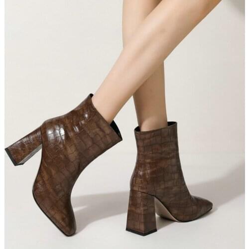 Retro Print Faux Leather Ankle Boots Women Square Toe Thick Heel Daily Short Boots 9CM High Heel News Woman Shoes Black White