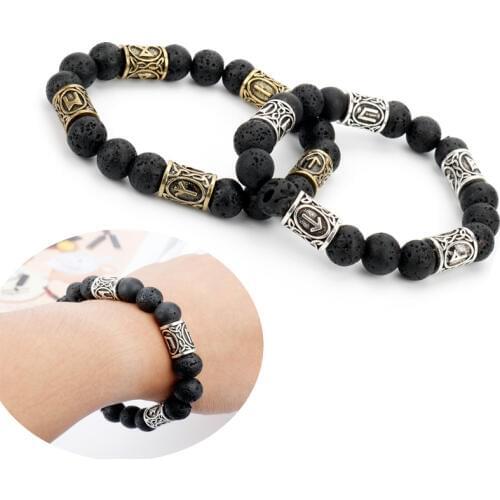 Lava Stone Beads Bracelet Men Vikings Rune Jewelry Black CZ Ball Charms Bracelets Wristlet Gift