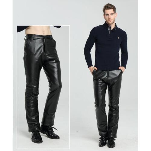 Plus velvet thickening warm Loose fashion motorcycle faux leather pants mens feet pants pu trousers men pantalon homme black