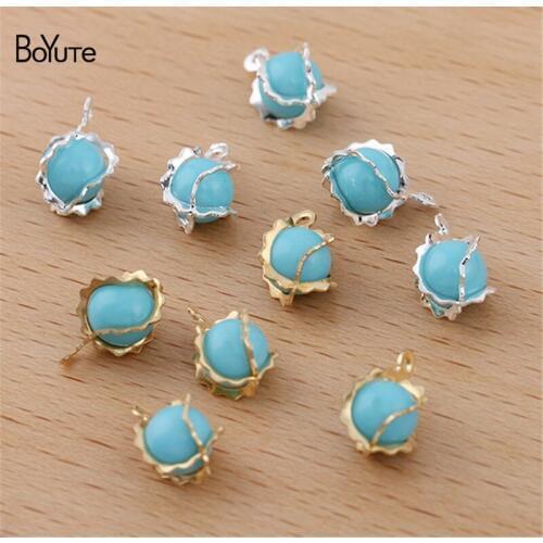 BoYuTe (100 Pieces/Lot) Wholesale Wrapped 6MM Lake Blue Bead Charms Metal Brass DIY Hand Made Jewelry Accessories