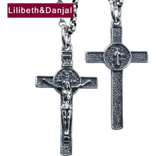 Double sided Cross Jesus Pendant Pure 925 Sterling silver Free black leather Rope Men Women Necklace Pendant Jewelry 2020 P24