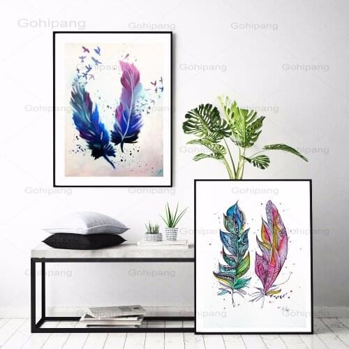 Canvas Painting Twin Feathers Watercolor Art Print Poster Wall Pictures for Living Room Home Decorative Bedroom Decor No Frame