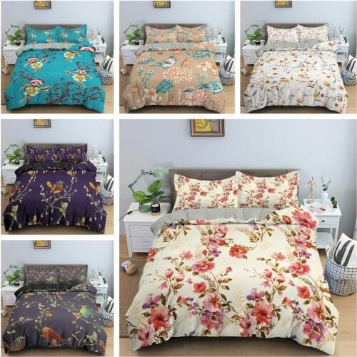 Floral Birds Bedding Set Duvet Cover with Pillowase Bedclothes Queen King Size Comforter Cover for Kids Bedroom