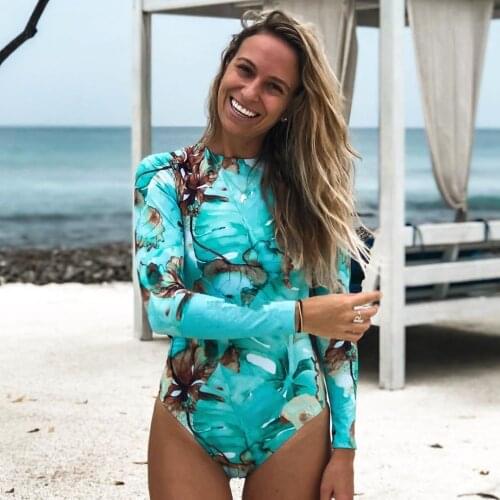 Long Sleeve Swimsuit Women Swimwear One Piece Bodysuits Monokini Printed Bathing Suit Beach Rashguard Surfing Swimwear Suit 2021