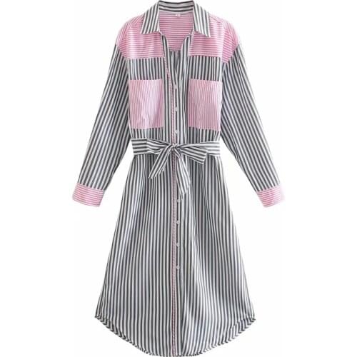 Merodi Women Fashion Patchwork Striped Print Za Summer Long Dresses Female Casual Pockets Turn-Down Collar Chic Shirt Dress