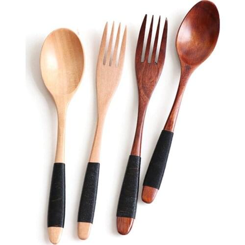 2PCS/SET Natural Wooden Spoon Fork Dinner Kit Rice Soups Utensil Cereal Handmade Home Tableware Dinnerware Cutlery For Kicthen