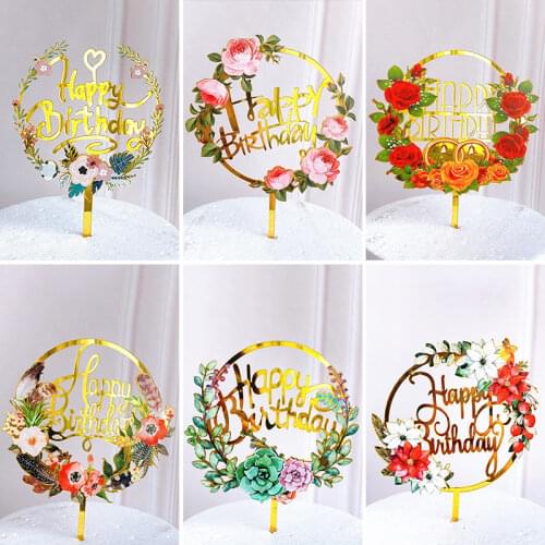 New Flowers Happy Birthday Cake Topper Gold Colored Printing Acrylic Cake Topper for Kids Girls Birthday Party Cake Decorations