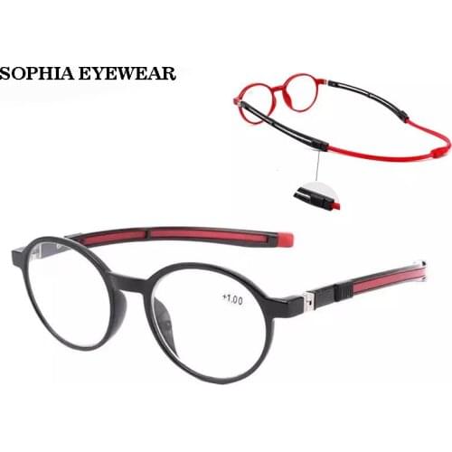 Sophia Magenetic Hanging Neck Reading Glasses Round Tr90 Eyeglasses Frame Protable Presbyopia Glasses With Adjustable Legs