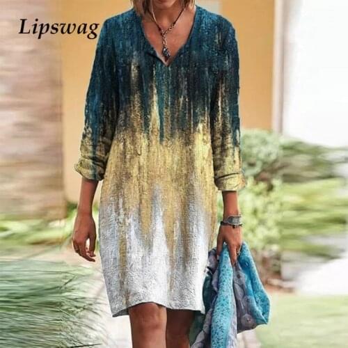 Vestido Fashion Vintage Printed Female Casual Dress Summer V-neck Loose Pullover Dress Autumn Elegant Women A-Line Party Dresses