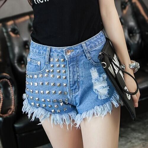 Rivet Denim Shorts Women Ripped Jeans Destroyed High Waist Casual Short Trousers Distressed Tassel Punk Plus Size 3XL Summer