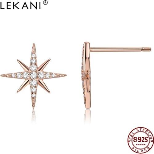 LEKANI Genuine 925 Sterling Silver Clear CZ Star Earrings For Women Simple Trendy Rose Gold Color Earring Studs Fine Jewelry