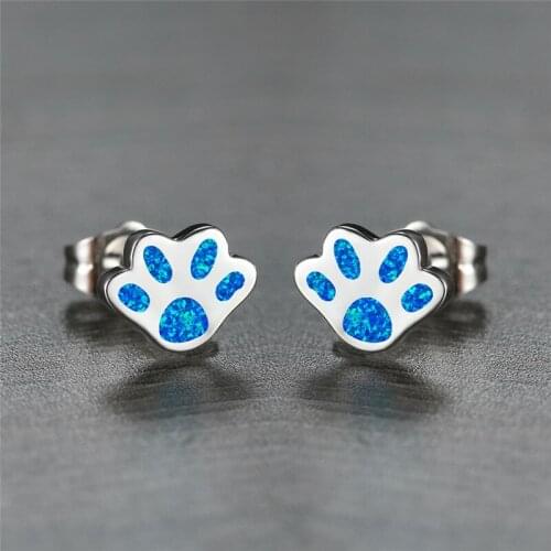 Cute Female White Blue Opal Stone Earring Rose Gold Silver Color Wedding Earrings Small Cat Paw Claw Stud Earrings For Women
