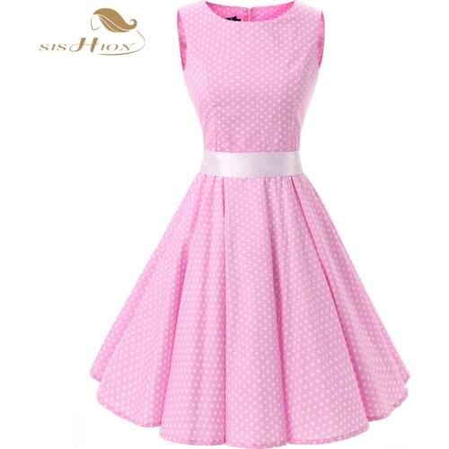 SISHION 100% Cotton Polka Dots Sleeveless Women Summer Dress VD0139 Pink 50s 60s Large Swing Retro Party Vintage Dress Plus Size
