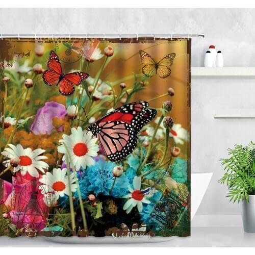 3D Floral Butterfly Shower Curtain Set White Flowers Retro Poster European Home Decor Screens Waterproof Hooks Bathroom Curtains