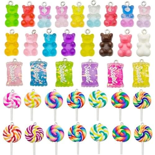 Candy Pendant Charm 32x Colorful Bear Lollipop Shape Ornament Polymer Clay for Earrings Necklace Bracelet DIY Gifts Girl T21F