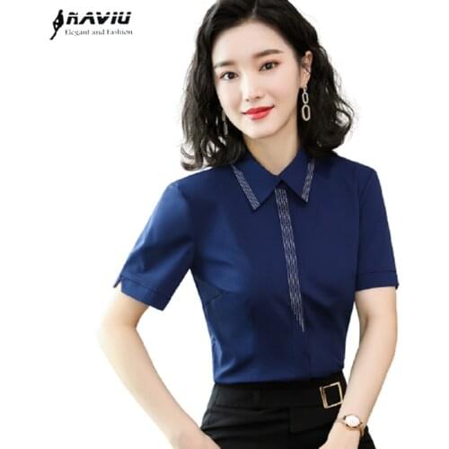 Navy Blue Short Sleeve Shirt Women New 2021 Summer Fashion Temperament Formal Chiffon Blouses Office Ladies Work Tops