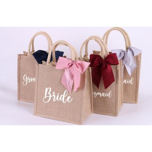 Personalized Burlap Tote with Ribbon Monogrammed Bridesmaid Wedding Gift Welcome Bags Favor Pouches Mothers Day Wifey Gift Bag