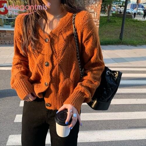 Aelegantmis Vintage V Neck Cardigan Women Cozy Hollow Out Knitted Sweater Casual Korean Single Breasted Loose Jumpers Coats Chic