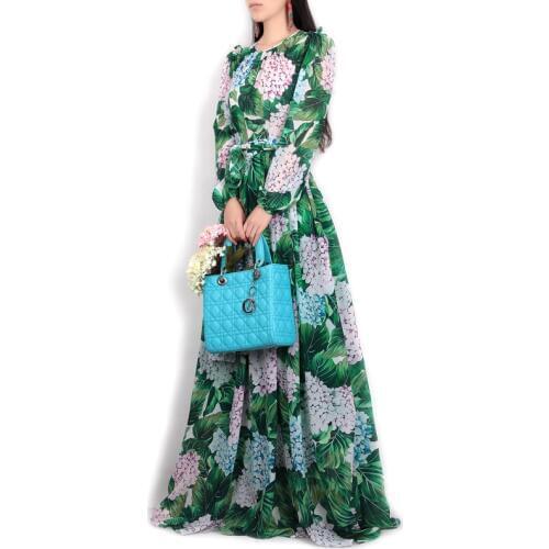 High quality new spring/summer women runway maxi dress flowers green leaves printing Beach Casual long dress