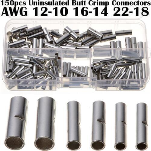 150pcs Naked Butt Connectors 0.5-1.5mm2/1.5-2.5mm2/4.0-6.0mm2 22-10AWG Wire Ferrule Cable Uninsulated Crimp Rolled Terminals Kit