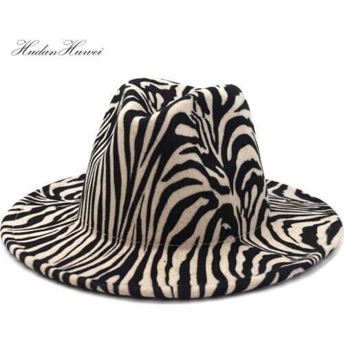 2020 Women Men New Fashionable Jazz Panama Woolen Fedora Hat Visor Felt Zebra Pattern Top Hat and Caps