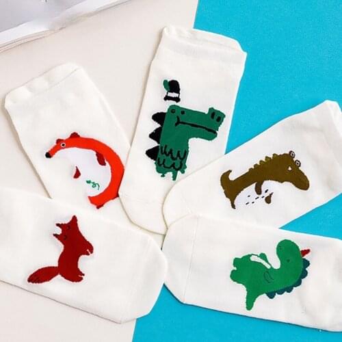 5 Pairs/Pack Cartoon Funny Women Boat Socks Ins Cute Dinosaur Unicorns Crocodiles Hedgehogs Foxes Straight Full Cotton Sock