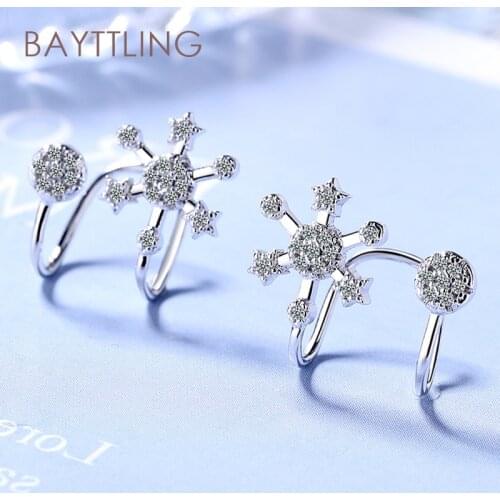 BAYTTLING 925 Sterling Silver Shiny Zircon Star Snowflake Ear Clip Earrings For Women Fashion Wedding Jewelry Gifts