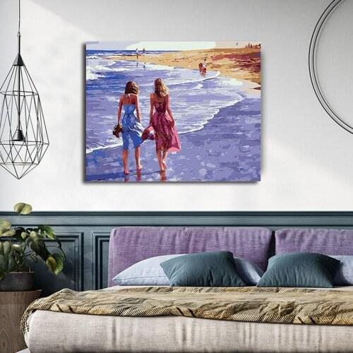 DIY colorings pictures by numbers with Sister beach walk picture drawing painting by numbers framed Home