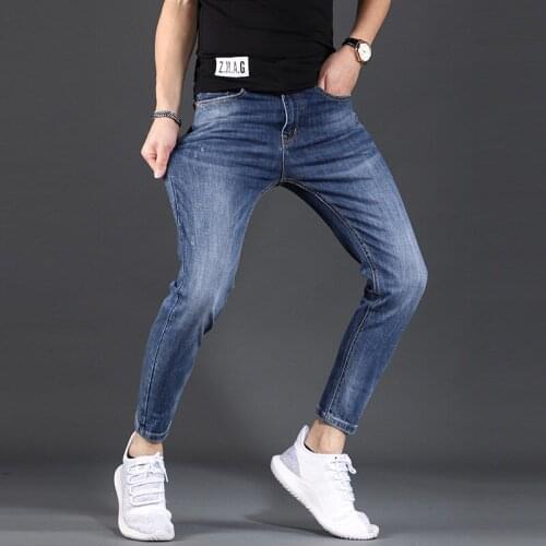 Washed denim jeans summer 2021 small feet pants high-end all-match stretch students casual mens teenager pencil trousers