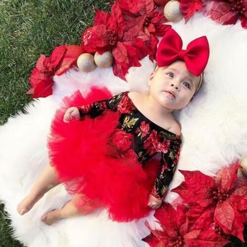 3PCS Newborn Baby Girls Clothes Off Shoulder Long Sleeve Floral print Romper Jumpsuit+Tutu Skirt+Headband Christmas Outfit Set