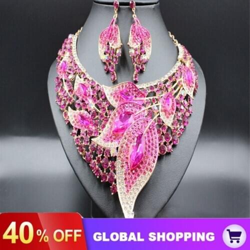 Luxury Crystal Wedding Bridal Jewelry Sets Gold Color Leaf Rhinestone Wedding Jewelry Necklace Sets For Women Statement Jewelry