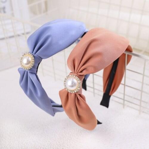 New Solid Color Fabric Hair Band Side Bow Fashion All-match Ladies Hair Accessories Pearl Headwear Wholesale