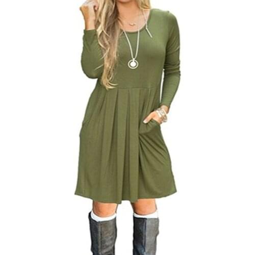 New Arrival Fashion Loose Dress Multiway Women Fold Shirred Plain Dress Sukienka Round Neck Solid Pure Color Office Wear Dress