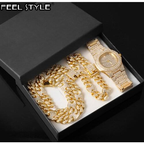 Hip Hop Necklace +Watch+Bracelet AAA+ Iced Out Alloy Rhinestones Coffee Bean Miami Cuban Link Chain Necklace For Men Jewelry