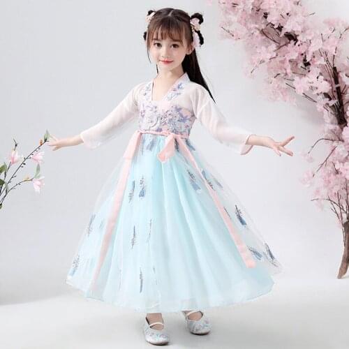 Chinese Style Retro Hanfu Dress Toddler Girls Chinese Folk Dance Costumes Embroidery Kids Tang Suit Performance Oriental robe