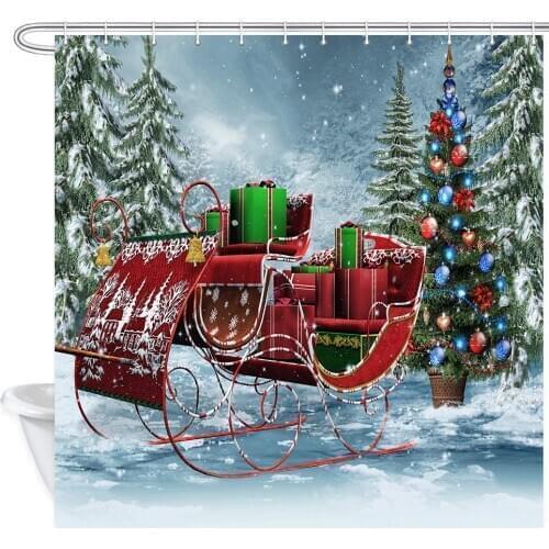Merry Christmas Shower Curtain Year Theme Santas Car Xmas Pinetree in Winter Forest Polyester Fabric Bathroom Decor