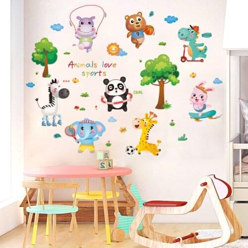 [shijuekongjian] Cartoon Sports Animals Wall Stickers DIY Trees Wall Decals for Baby Bedroom Kids Rooms Nursery House Decoration