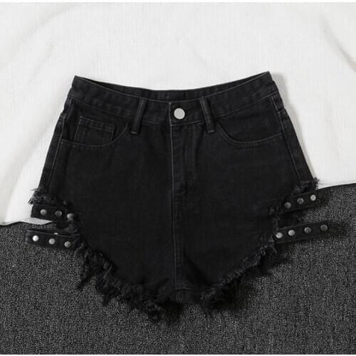 S/Xl Womens Wide Leg Short Black/Light Blue Korean Students Tassel Rivet High Waist Denim Shorts Sexy Fashion Female Short K1283
